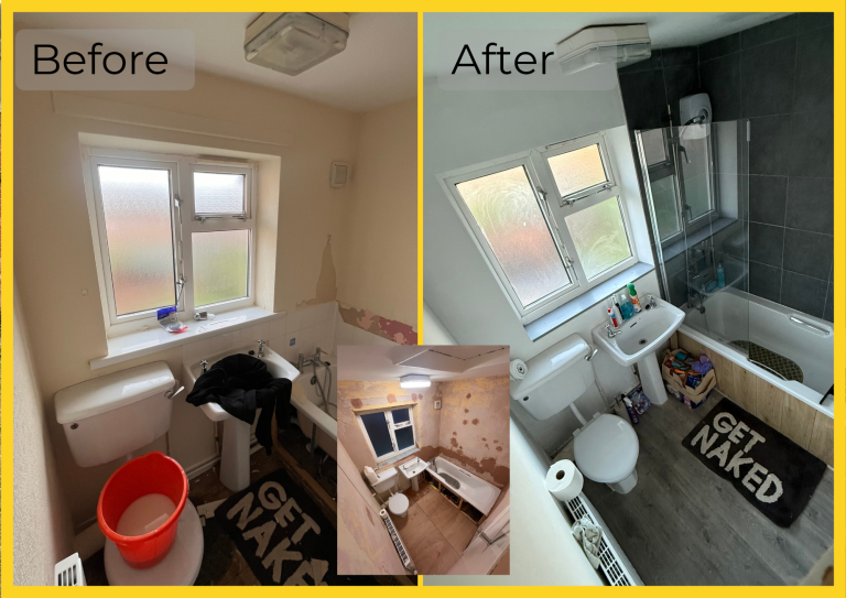 bathroom renovation before and after of a complete bathroom renovation, new floor, bath to shower conversion, new shower screen installed, new plaster and paint