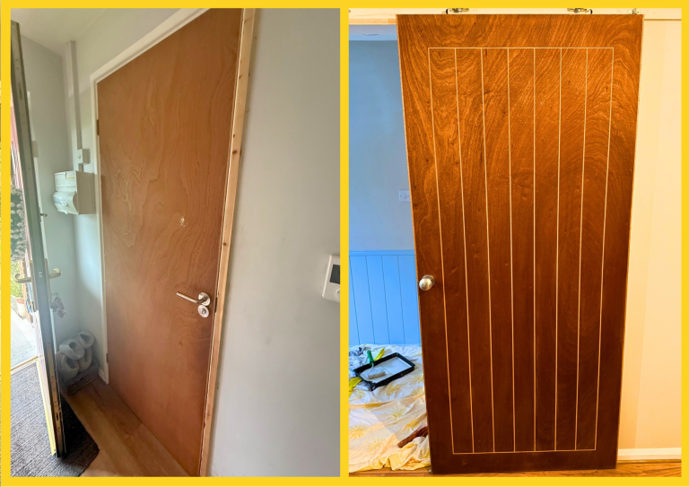 Bespoke door before and after of a council door renovated to look new and up market